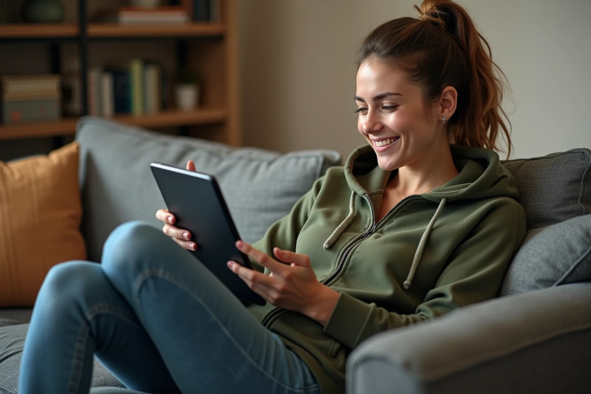 Jeune femme consultant Medisys sur une tablette depuis son salon en toute sécurité