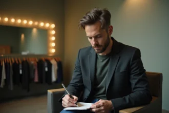 Acteur professionnel dans une loge de studio de télévision consultant ses notes avant une intervention à l'écran
