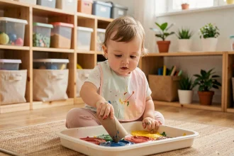 Tout-petit de 18 mois en crèche explorant une activité de peinture avec des rouleaux en carton recyclé