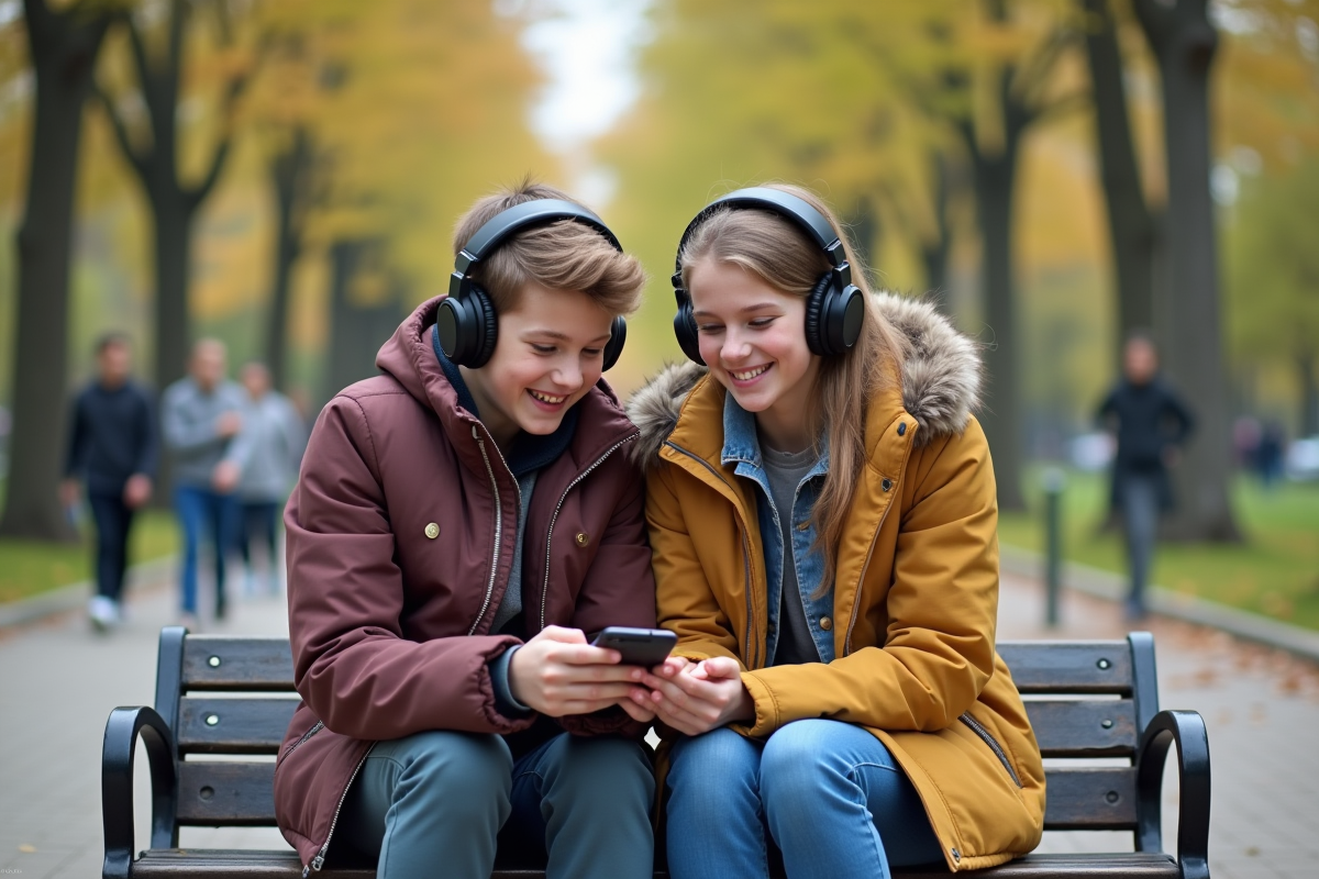Adolescents assis sur un banc de parc partageant des écouteurs