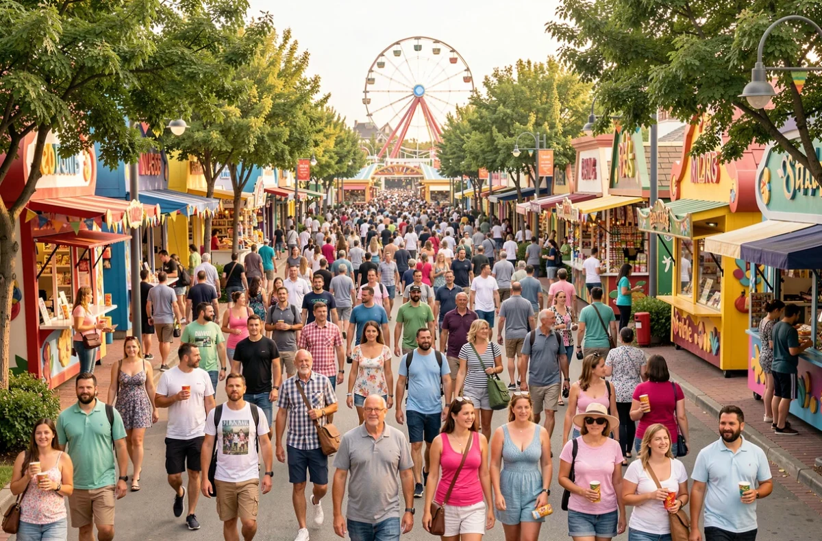 Allée centrale animée du parc La Panne lors d'une journée de forte affluence le week-end