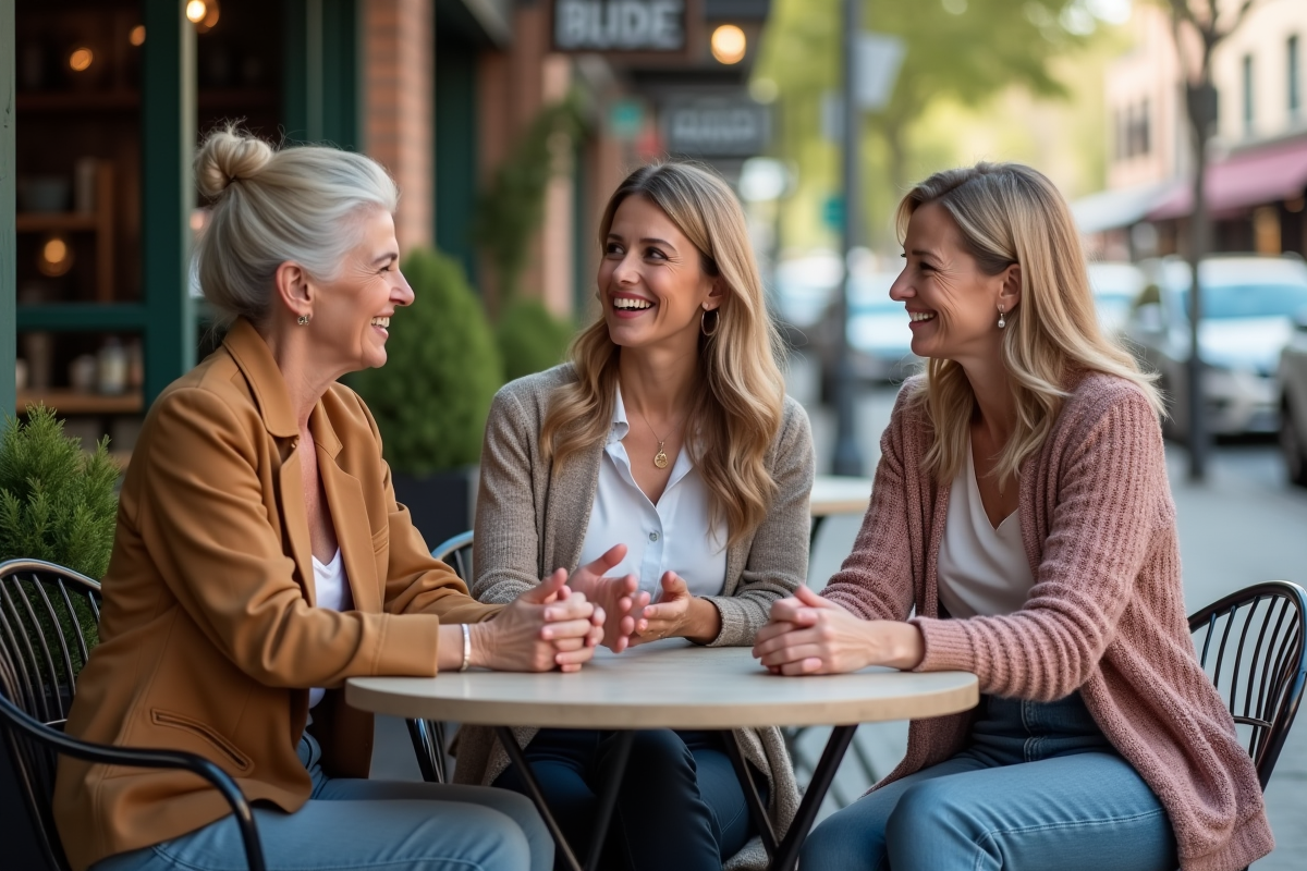 Trois femmes discutant dans un café en plein air