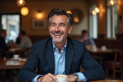Animateur télévision souriant dans un café parisien, portrait éditorial en couple et vie privée 2026