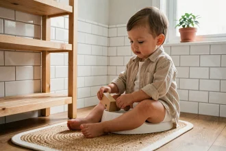 Tout-petit assis sur un petit pot en bois au sol dans une salle de bain style Montessori, jouant calmement avec un jouet en bois, apprentissage de la propreté sans pression