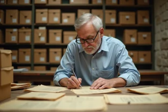 Archiviste consultant des documents historiques dans une salle d'archives publiques françaises