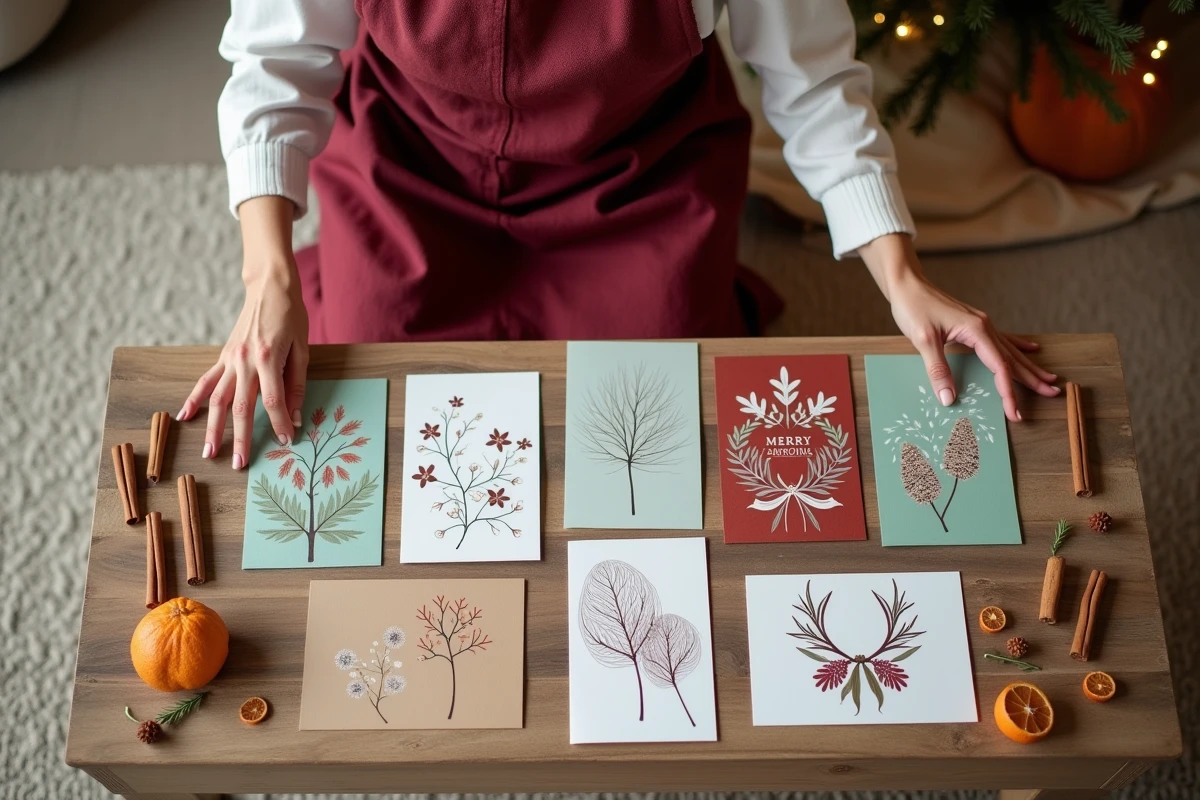 Assortiment de cartes de Noël imprimées originales disposées en flat lay sur un tapis avec décoration de fête