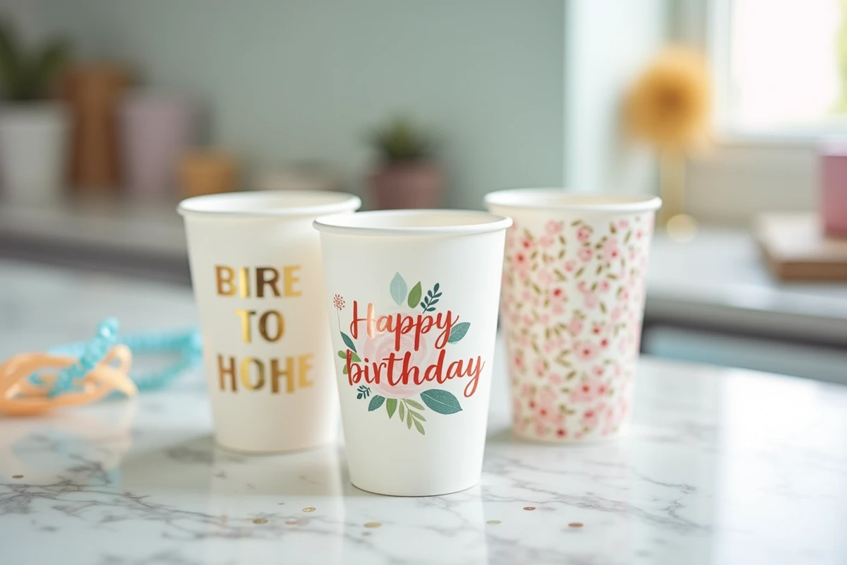 Trois gobelets personnalisés d'anniversaire aux motifs coordonnés posés sur un plan de travail en marbre avec des accessoires de fête assortis en arrière-plan