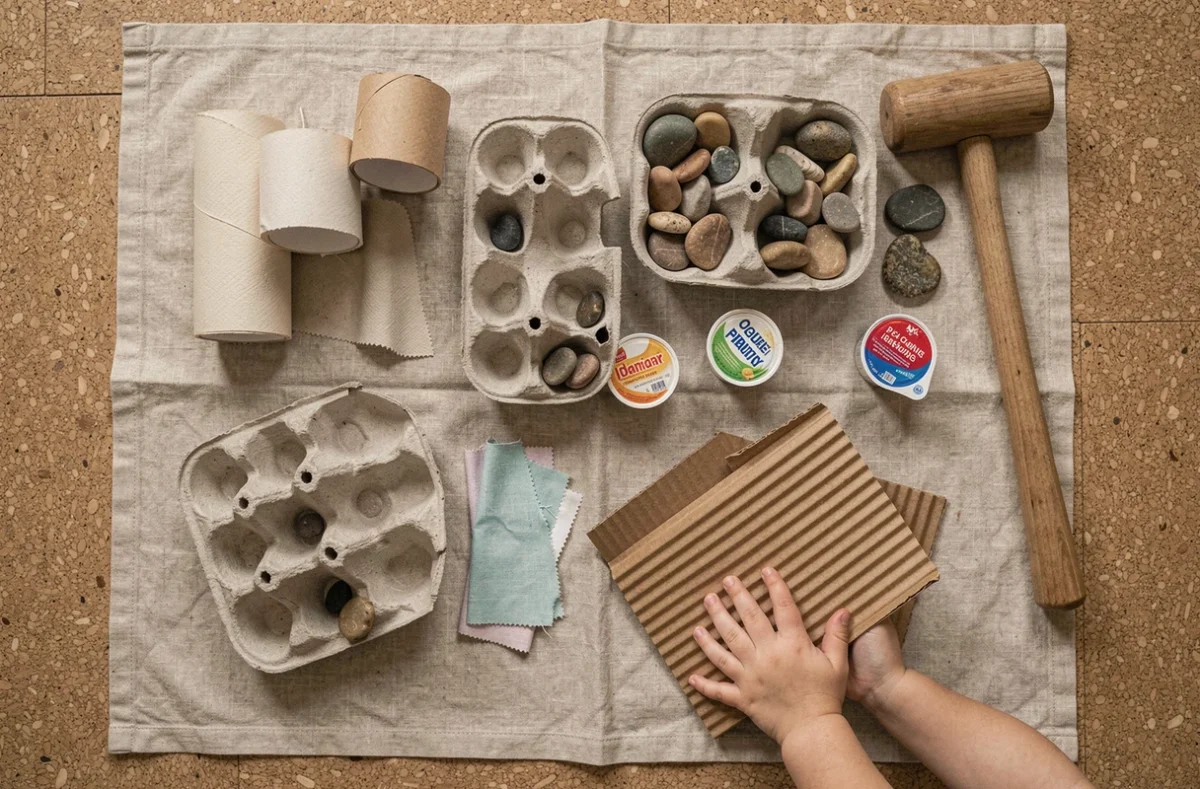 Vue de dessus d'un atelier de crèche avec matériaux recyclés préparés pour une activité sensorielle pour bébés de 18 mois