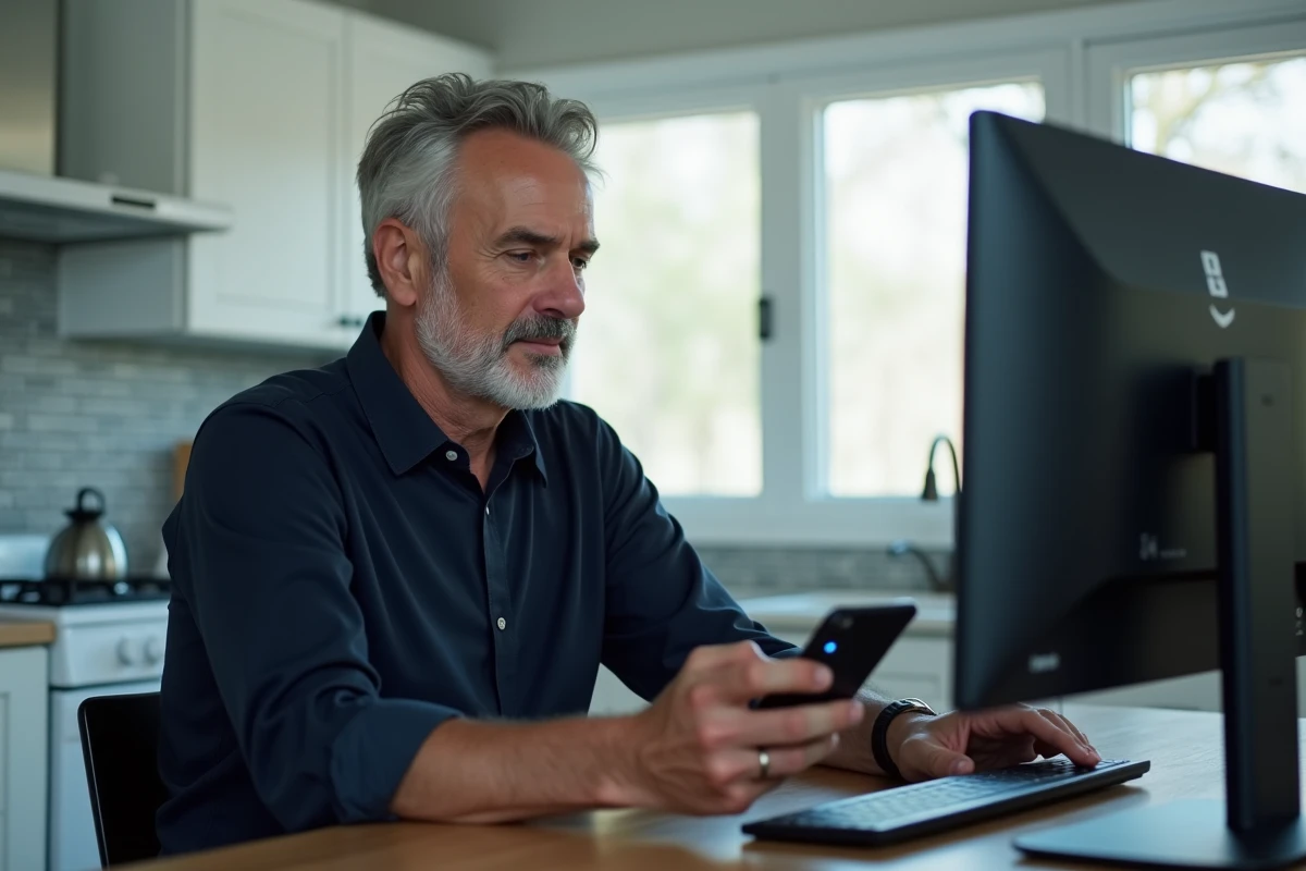 Homme utilisant l'authentification à deux facteurs pour se connecter à Medisys depuis la cuisine