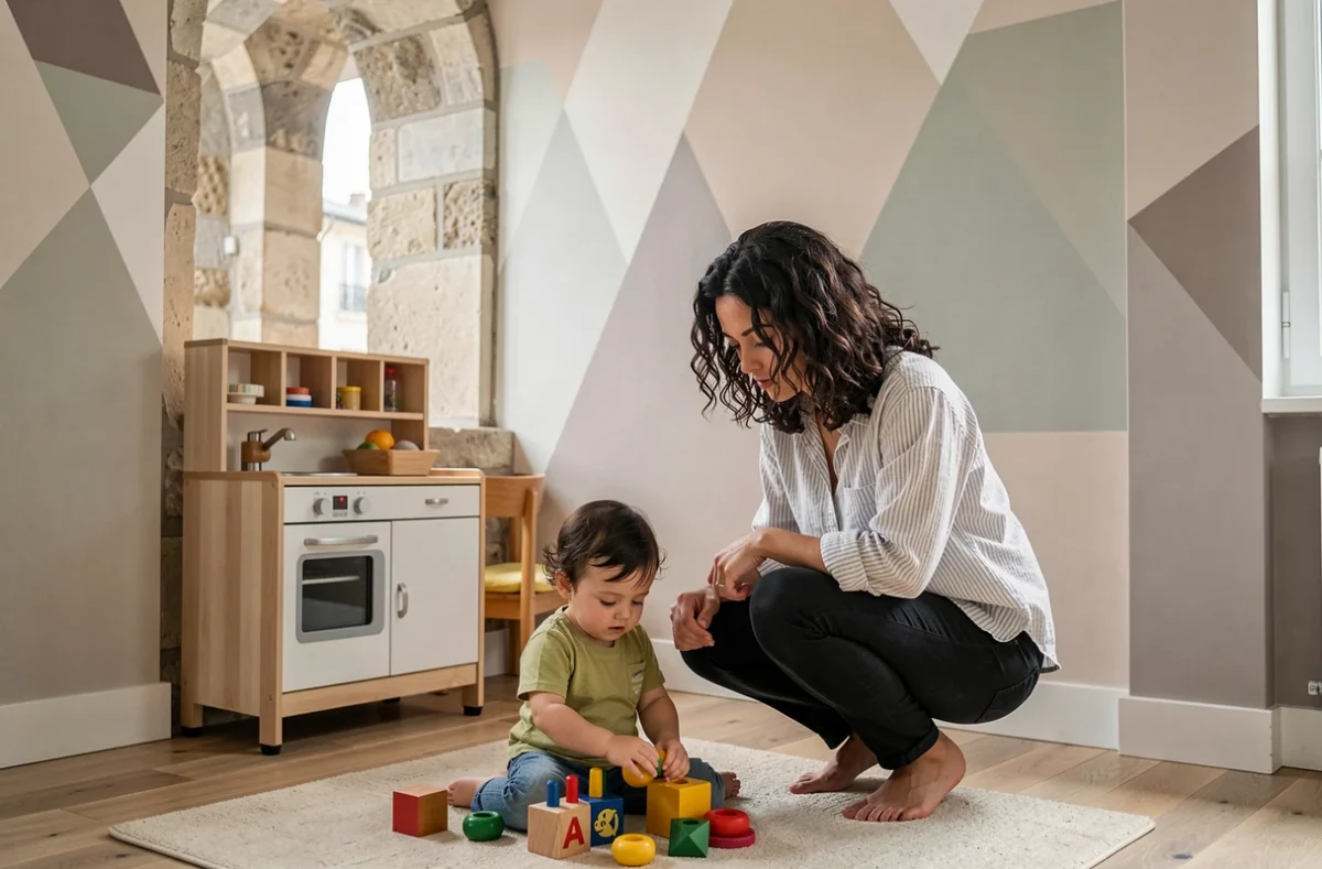 Intérieur de la micro-crèche Babilou Lyon Lafayette Microsphère en centre-ville, avec un espace de jeu chaleureux et une éducatrice accompagnant un enfant