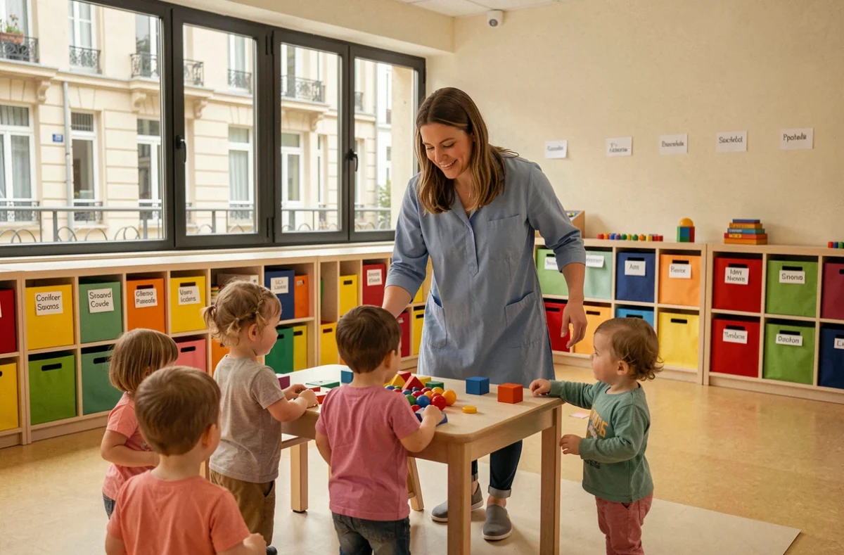 Éducatrice en train d'animer une activité avec des enfants dans la crèche collective multi-accueil Babilou Lyon Masséna