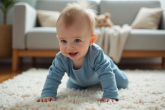 Bébé de 7 mois en train de ramper dans le salon