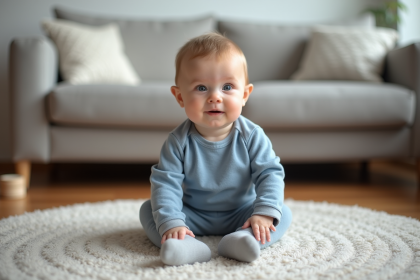 Bébé garçon de 7 mois assis sur un tapis dans un salon moderne