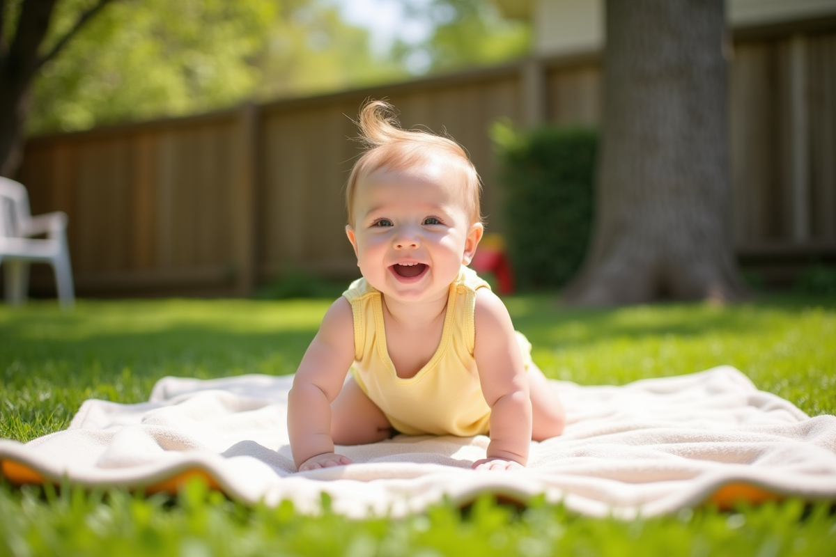 Bébé de 9 mois rampe dans le jardin en été