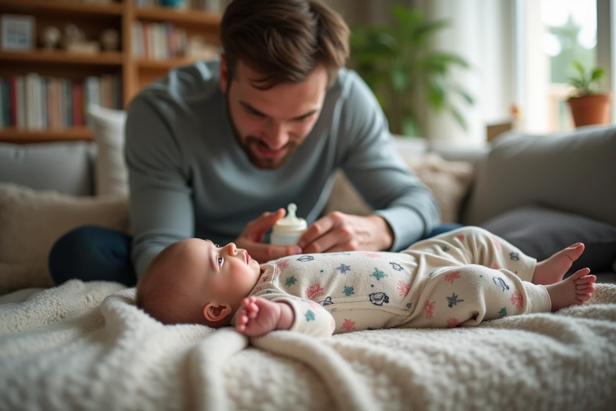 Bébé de deux mois dans un pyjama à motifs sur un canapé avec son père