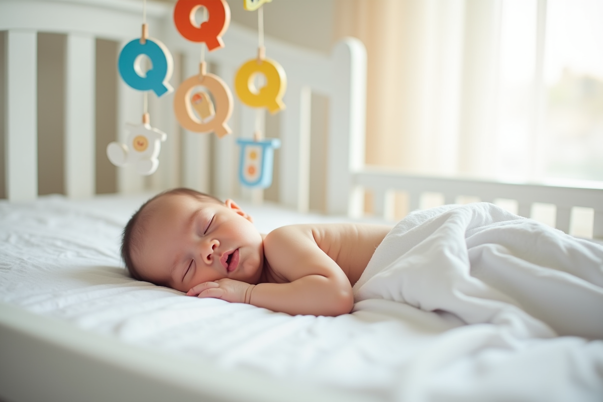 Bebe dormant paisiblement dans un lit blanc avec mobile lettres Q