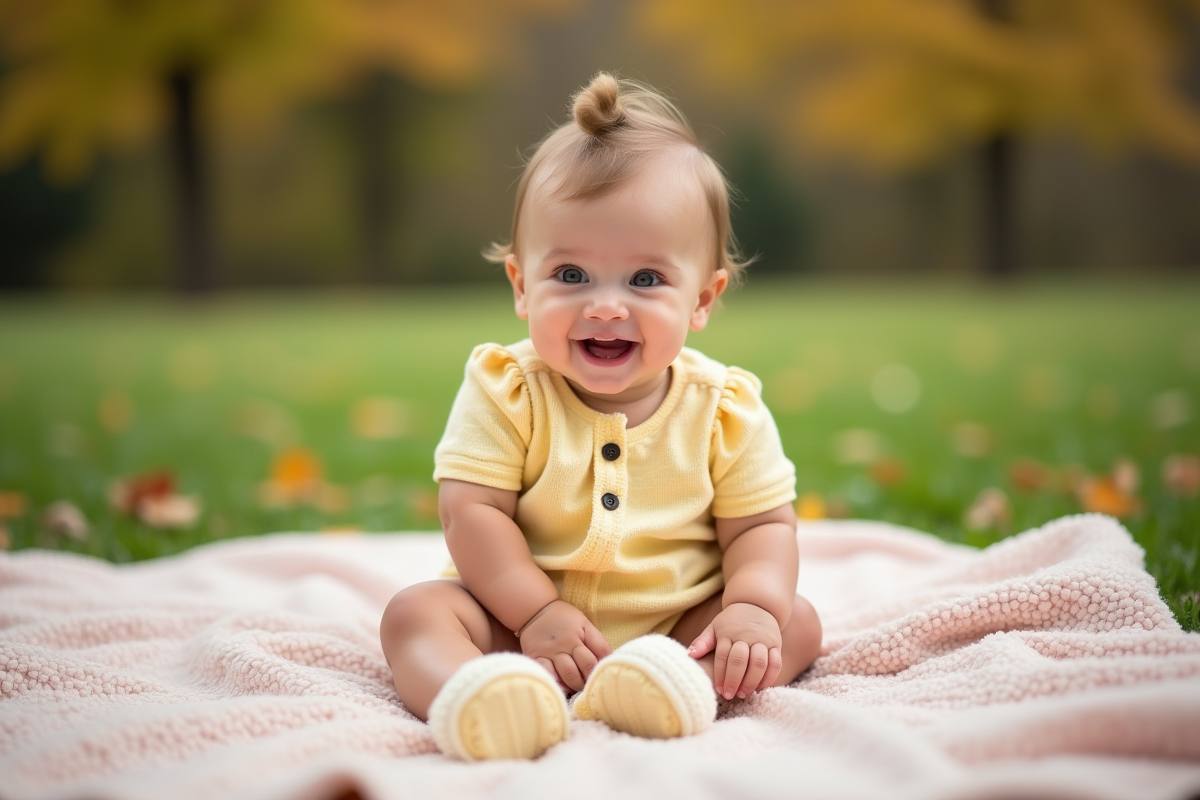 Bébé fille de 9 mois assise sur une couverture dans un parc