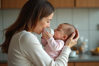 Bébé de deux mois dans une tenue pastel en train d'être allaité par sa mère