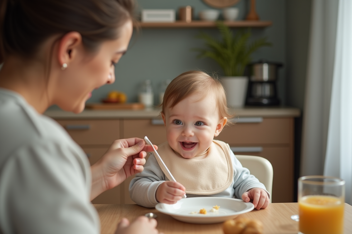 Bébé de six mois avec maman lors du repas à la maison