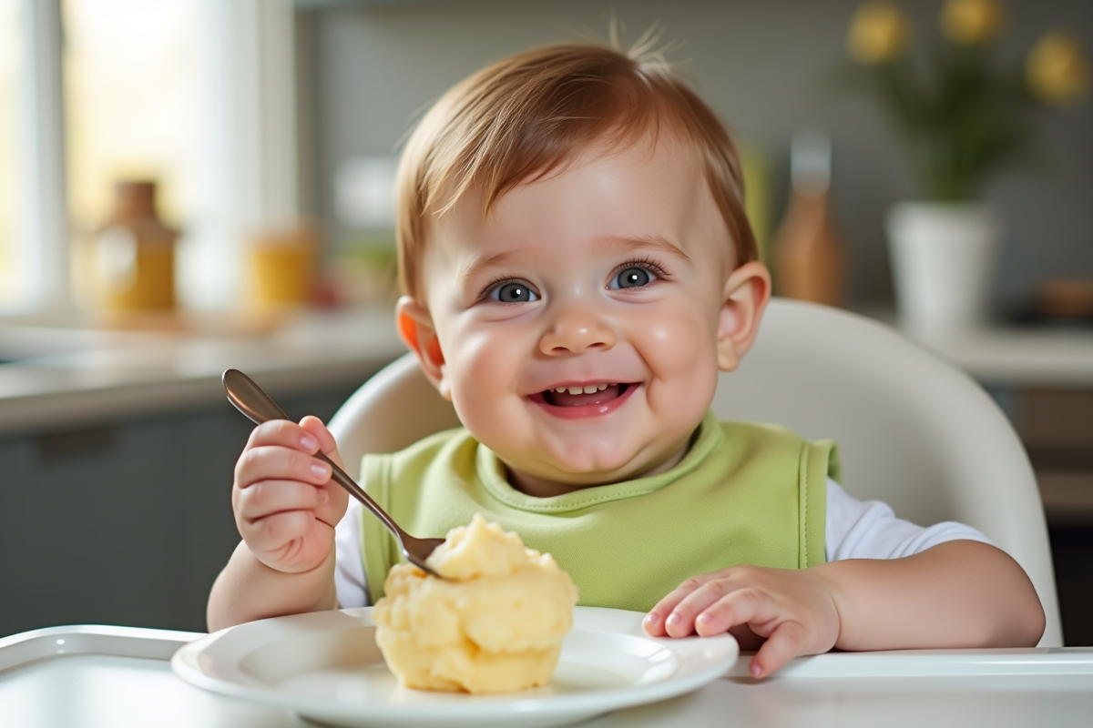 Bébé souriant dans une chaise haute avec une cuillère de poire fraîche