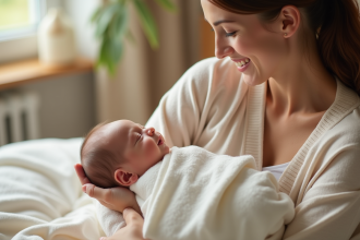 Bébé nouveau-né dans les bras d'une mère souriante