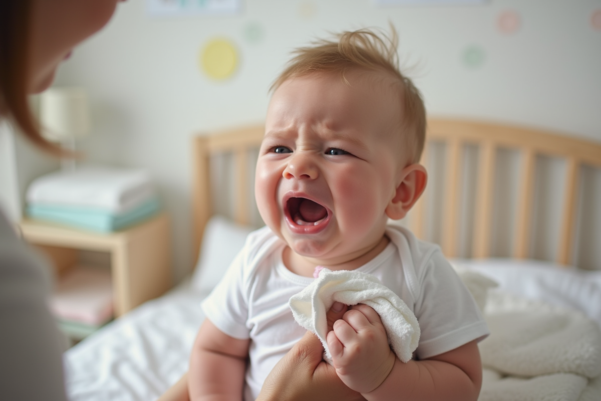 Bébé pleureux de 10 mois dans une nurserie douce