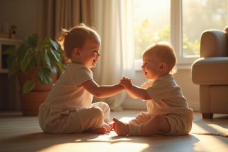 Bébé souriant reconnaissant un adulte dans un salon lumineux