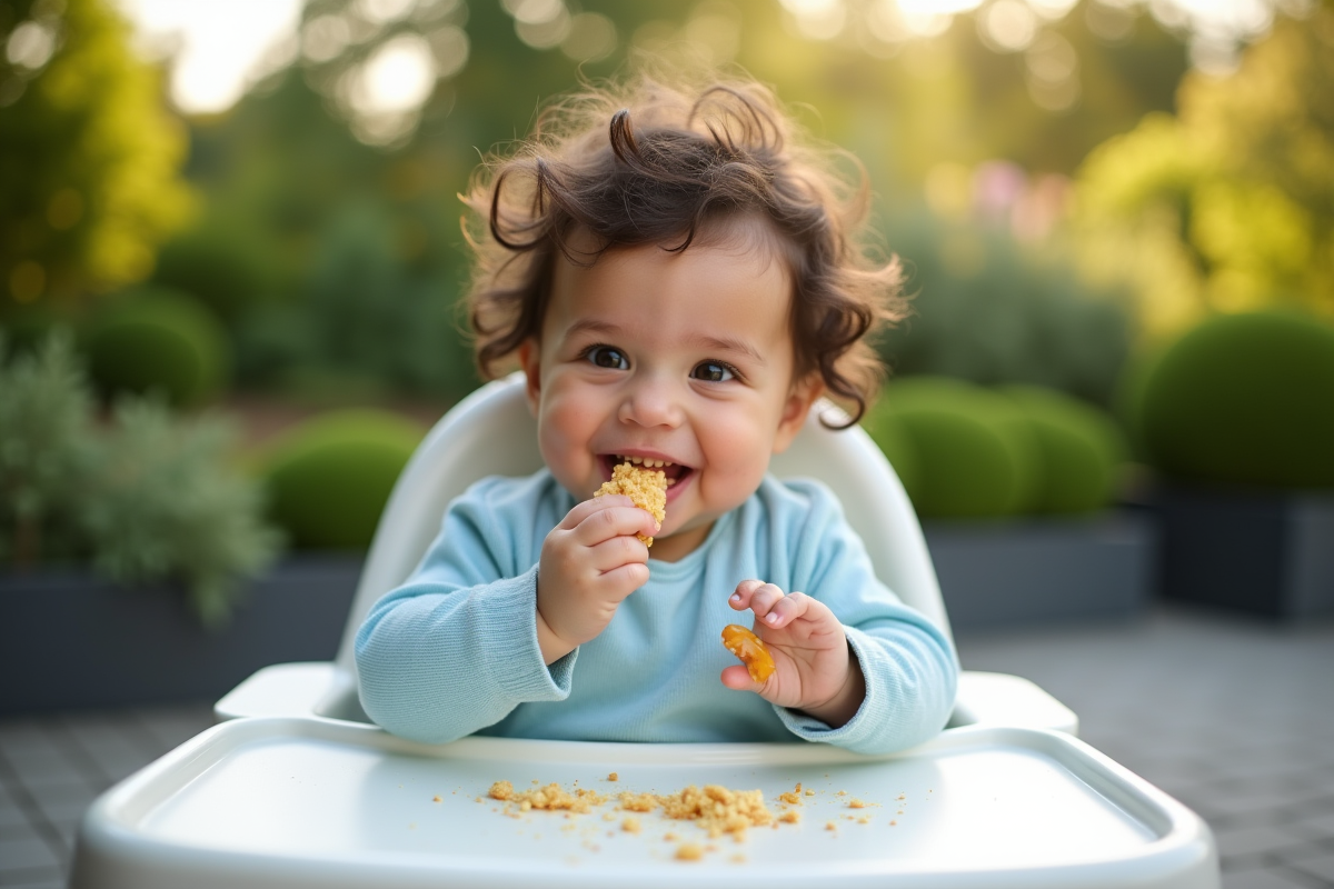 Bébé fille de huit mois mangeant dehors dans le jardin
