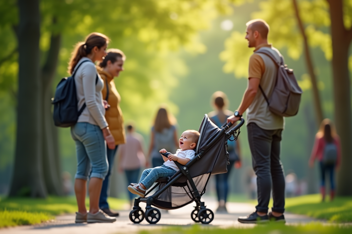 Bébé curieux dans une poussette au parc avec adultes divers