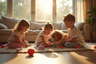 Berger australien rouge jouant avec des enfants dans un salon lumineux