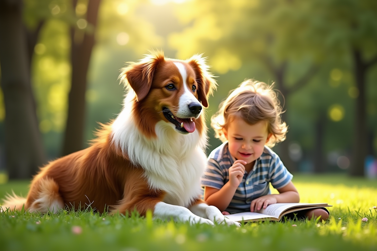 Berger australien rouge assis dans un parc avec un enfant lisant un livre