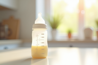 Biberon de lait pour bébé rempli de 80 ml sur plan lumineux