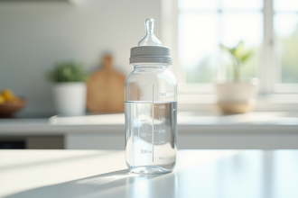 Biberon de bébé avec lignes de mesure sur un plan en plongée
