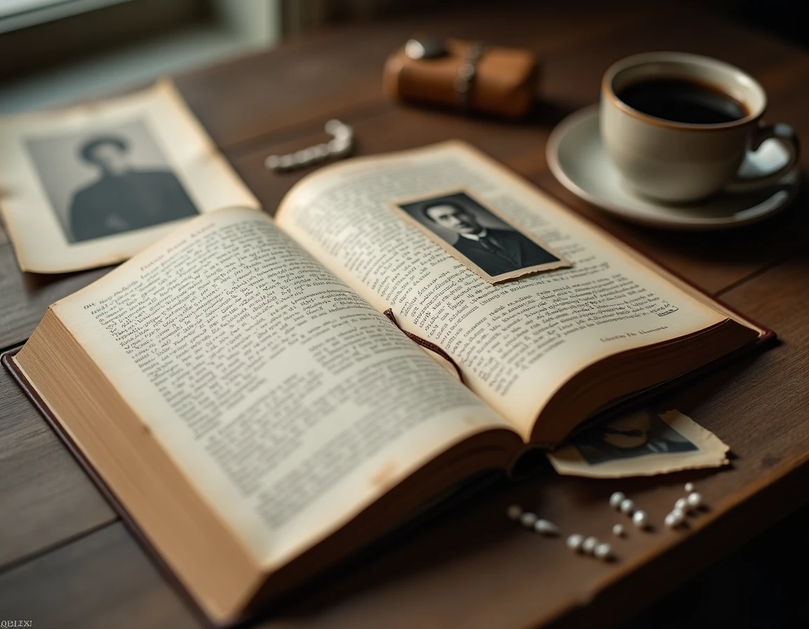 Biographie ouverte sur une table en bois avec des photos de famille en noir et blanc et des notes manuscrites, illustrant la recherche généalogique et l'histoire familiale