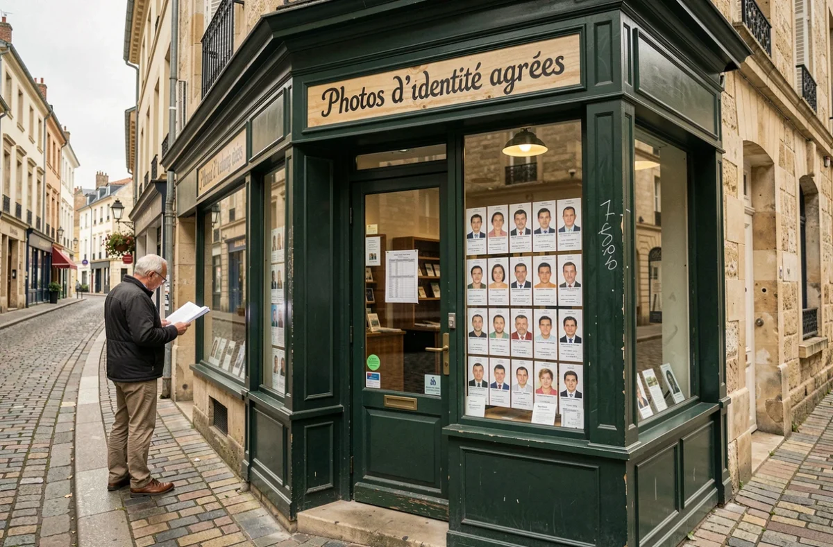 Devanture d'un photographe agréé en ville proposant des photos d'identité conformes pour passeport