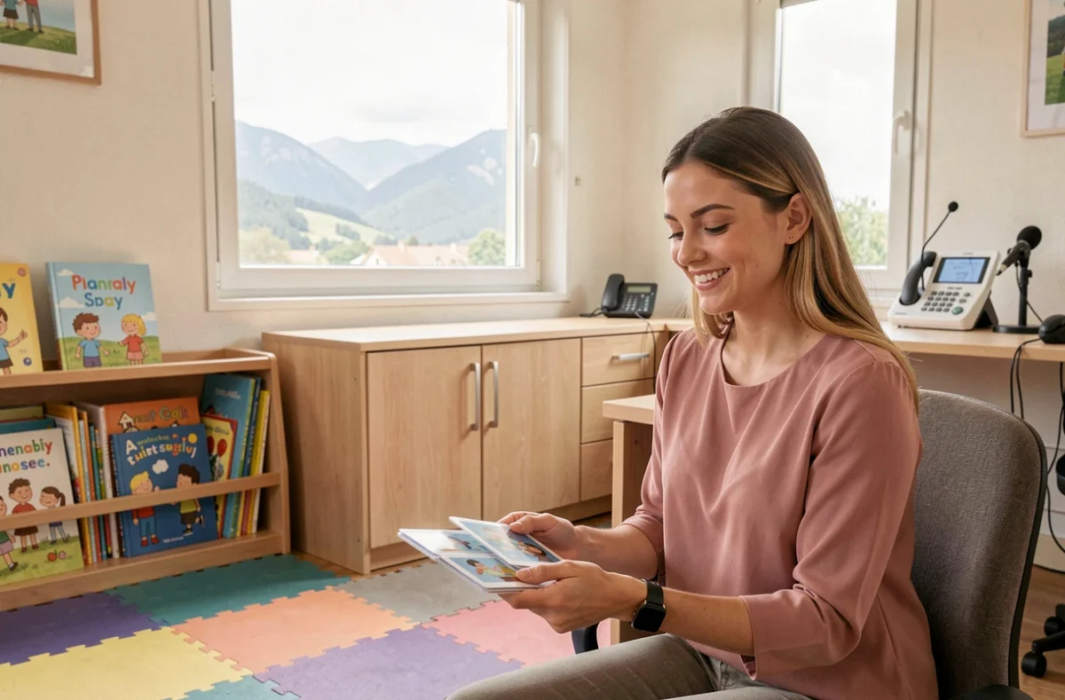 Camille Franzoi orthophoniste à Saint-Girons dans un cabinet lumineux avec vue sur les montagnes ariégeoises