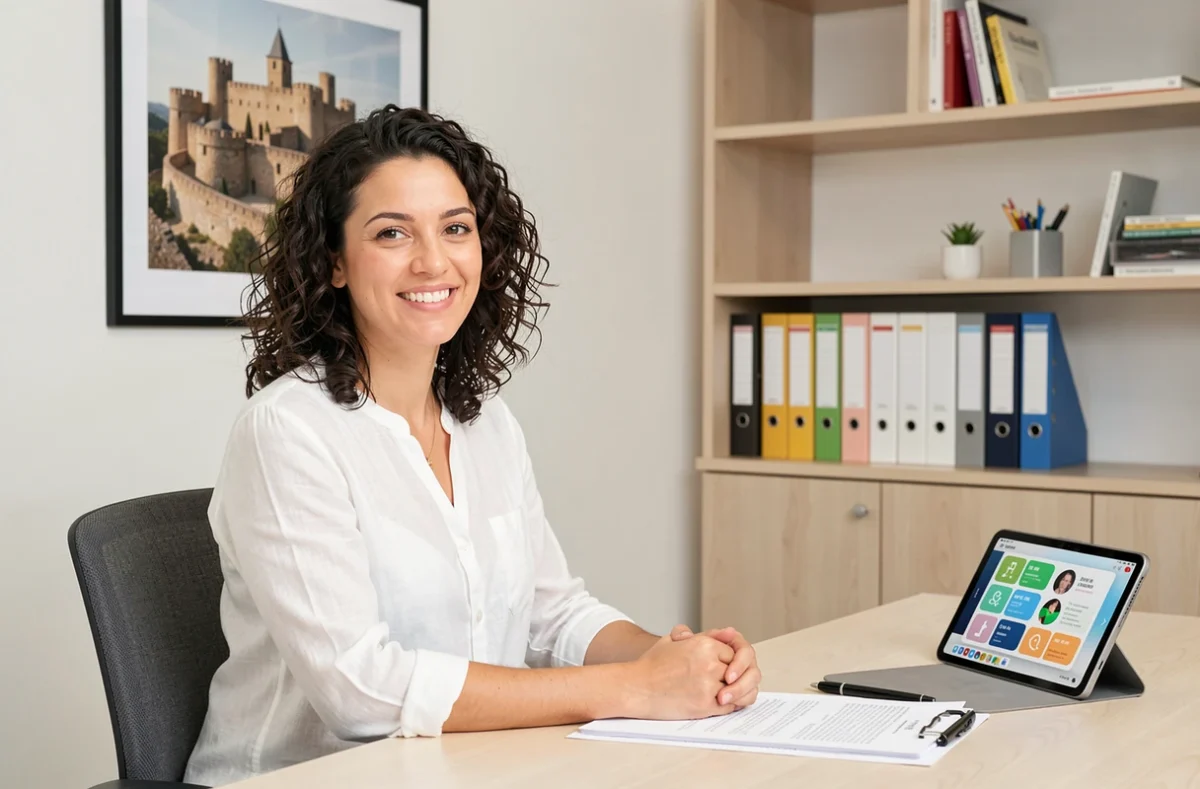 Carine Rodriguez orthophoniste à Carcassonne dans son cabinet moderne avec référence patrimoniale locale
