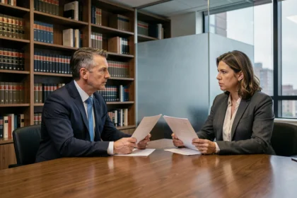 Un client en costume et son avocate discutent autour d'une table en bois dans un cabinet juridique moderne, illustrant le changement d'avocat en cours de procédure