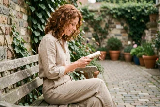 Femme aux cheveux bouclés lisant dans un jardin urbain calme, symbolisant la préservation de l'intimité et de la vie privée