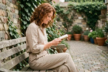 Femme aux cheveux bouclés lisant dans un jardin urbain calme, symbolisant la préservation de l'intimité et de la vie privée