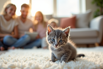 Chaton gris aux yeux bleus dans un salon ensoleille