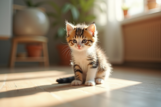 Petit chaton tricolore dans un salon ensoleille