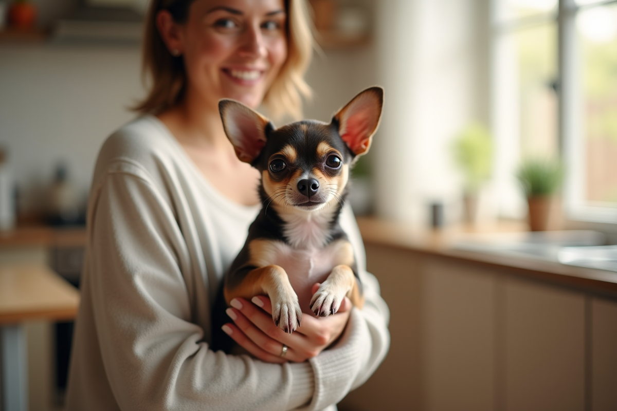 Chihuahua tenu par un adulte dans une cuisine lumineuse