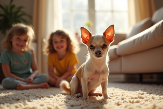 Chihuahua à poil court dans un salon avec enfants souriants