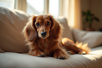 Chien dachshund longhair sur un canapé en salon lumineux