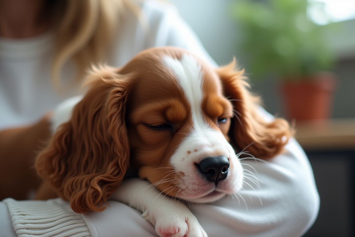 Chiot Brittany Spaniel dormant dans les bras d