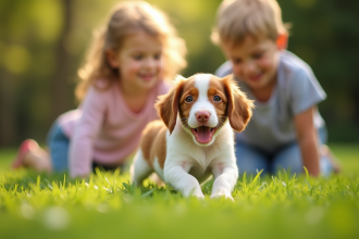 Chiot Brittany Spaniel jouant avec des enfants en plein jour
