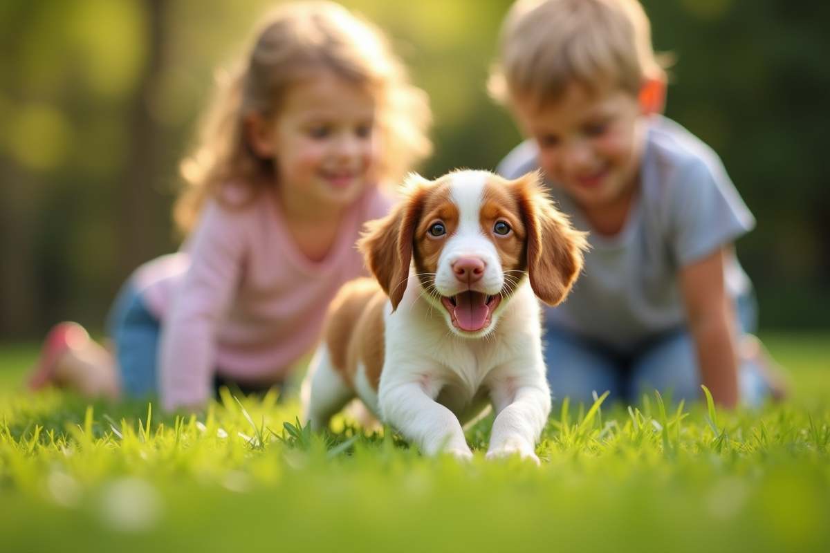 Chiot Brittany Spaniel jouant avec des enfants en plein jour