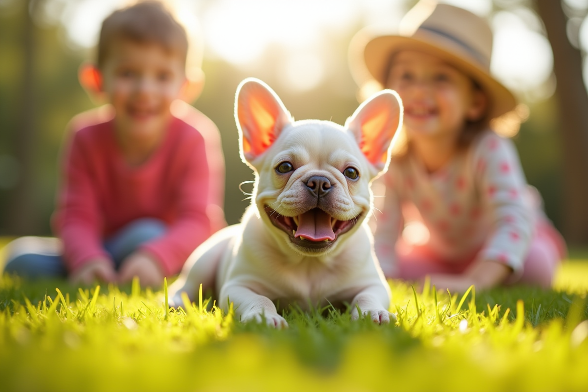 Jeune chiot bulldog français jouant avec des enfants en plein air