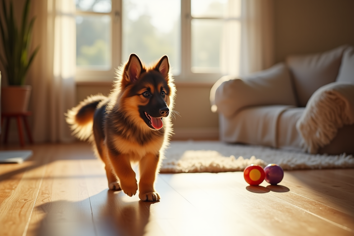 Chiot berger allemand entrant dans un salon lumineux